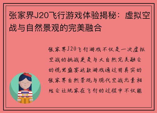 张家界J20飞行游戏体验揭秘：虚拟空战与自然景观的完美融合